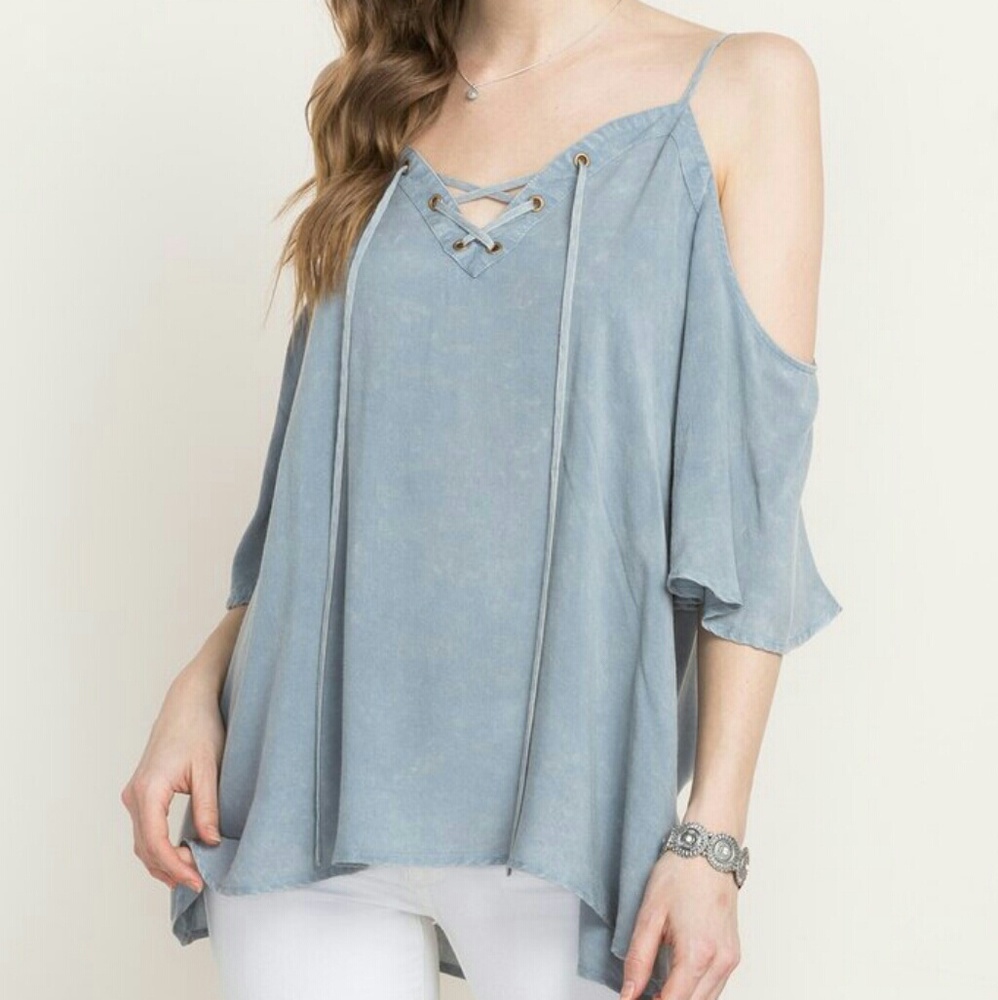 Blue Lace Up Off The Shoulder Top